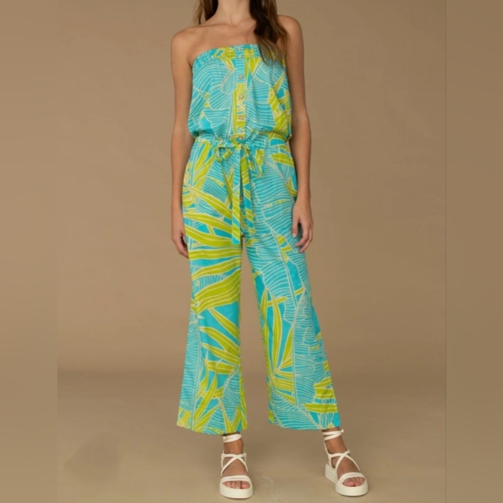 Olivia James (Sz S) Green & Blue Tropical Breeze Print Grace Jumpsuit (NEW-NWT)